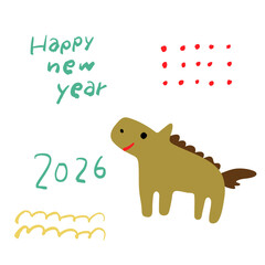 2026年干支の馬を描いた可愛い新年イラスト｜年賀状・ハッピーニューイヤーカード向けシンプルデザイン