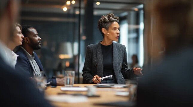 Female executive leading discussion with diverse leadership team about business goals in modern boardroom