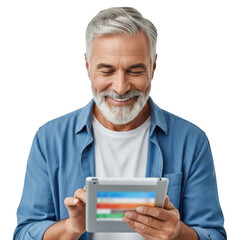 Smiling older man with beard uses digital tablet for online activities engaging technology transparent background