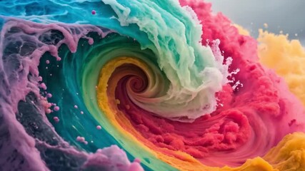 Vibrant swirling abstract wave of colors blending turquoise, yellow, pink, and red in a dynamic fluid motion. A mesmerizing visual art background representing creativity, energy, and movement. - Powered by Adobe