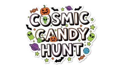 Cosmic Candy Hunt: A captivating design merges the wonder of outer space with the festive spirit of Halloween. featuring pumpkin, alien, bat and other elements in cosmic scene.