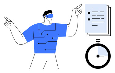 Person wearing VR headset interacting with virtual elements, task list, and stopwatch. Ideal for technology, productivity, innovation, efficiency, virtual reality, data management simple flat