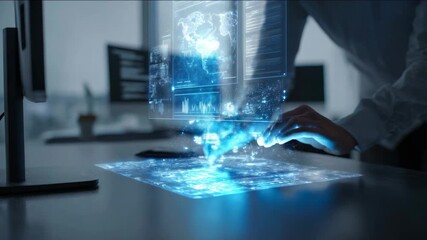 A person uses a futuristic holographic interface to visualize data in a modern office. - Powered by Adobe
