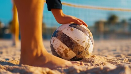 Persons hand touching volleyball on sandy beach during day - Powered by Adobe