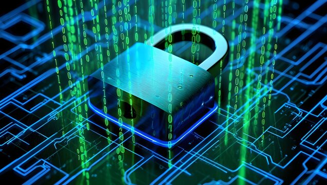 Cybersecurity concept padlock on circuit board with binary code falling as rain, symbolizing data protection, encryption, and digital security measures
