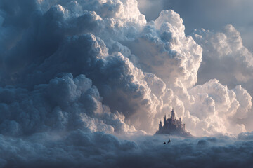 giant fluffy castle floating in the clouds creating a surreal magical dreamscape in a soft fantasy inspired design