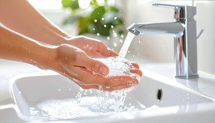Close-up of a person washing their hands under running water from a modern chrome faucet in a white sink, emphasizing hygiene and cleanliness