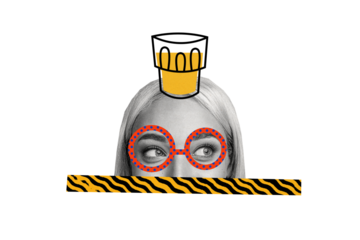 Creative collage picture young woman beer whiskey glass alcohol drink beverage cheers friday weekend celebration bar pub order