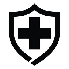 Black shield with cross symbol representing health safety security and protection
