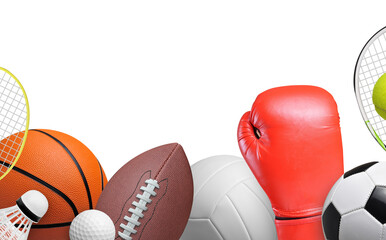 Diverse Sports Equipment Collection Including Basketball, Football, Boxing Gloves, and Tennis Racket on White Background
