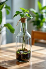 Glass Bottle Garden with Green Plant and Natural Decor