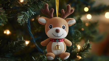 Plush reindeer ornament with antlers and a bell- hanging on a Christmas tree- creating a festive holiday atmosphere.
