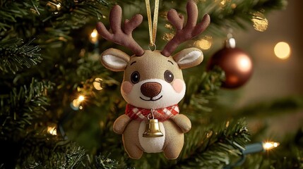 Plush reindeer ornament with antlers and a bell- hanging on a Christmas tree- creating a festive holiday atmosphere.