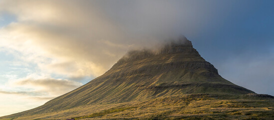 the eroded slopes and layers of Mount Kirkjufell, Snaefellsnes Peninsula, West Iceland