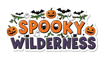 Spooky Wilderness Illustration: A whimsical, playful Halloween illustration featuring pumpkins, bats, ghosts, and cats in a vibrant display, creating a fun and festive atmosphere.