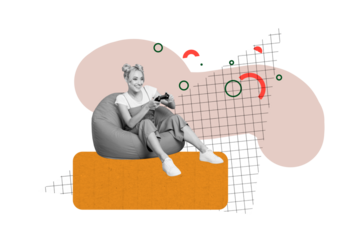 Composite trend artwork sketch image 3D photo collage of element geometry hurdle young lady student sit beanbag play videogames gamepad