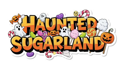 Haunted Sugarland: Spooky candies, ghosts, and playful pumpkins come together in a whimsical display of Halloween joy.