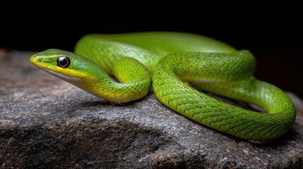 Green snake coiled on rock surface against a dark background