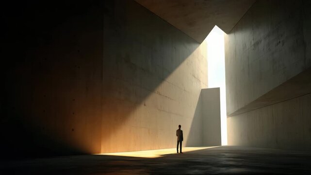 A solitary silhouette of a businessman stands in an expansive, abstract concrete environment. The angle of light creates a dramatic contrast, highlighting the architectural forms.