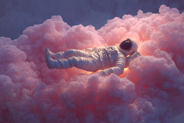 astronaut floating in space with fluffy glowing pillow cloud creating a dreamy surreal cosmic fantasy scene design