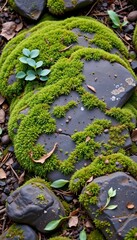 Mosscovered Stones with Emerging Sprout Nature Scene