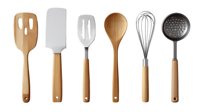 Six kitchen utensils with wooden handles