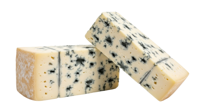 Isolated Roquefort, gourmet blue cheese, wedges of bleu d'Auvergne for delicious culinary food