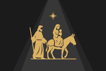 Silhouette of mary and joseph on a donkey isolated on white background