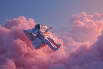 astronaut floating in space with fluffy glowing pillow cloud creating a dreamy surreal cosmic fantasy scene design