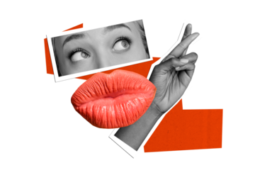 Creative collage picture woman face fragment cutout eyes look stare lips kiss plump pomade two crossed fingers peace body elements