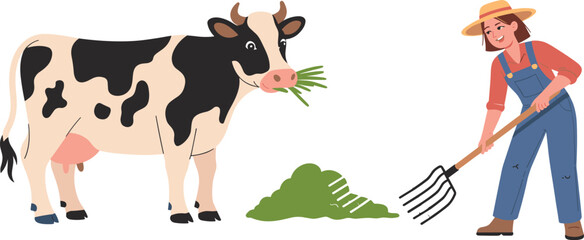 Farmer feeding cow with fresh green grass on farm, agriculture lifestyle, rural scene, livestock care, flat vector illustration design
