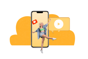 Creative collage photo young cheerful woman smartphone screen digital device blogger youtube media player smm targetologist