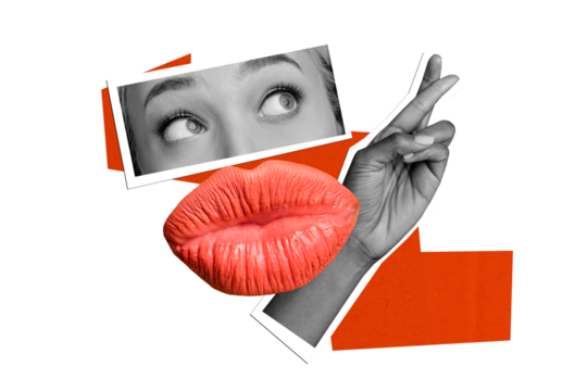 Creative collage picture woman face fragment cutout eyes look stare lips kiss plump pomade two crossed fingers peace body elements - Powered by Adobe