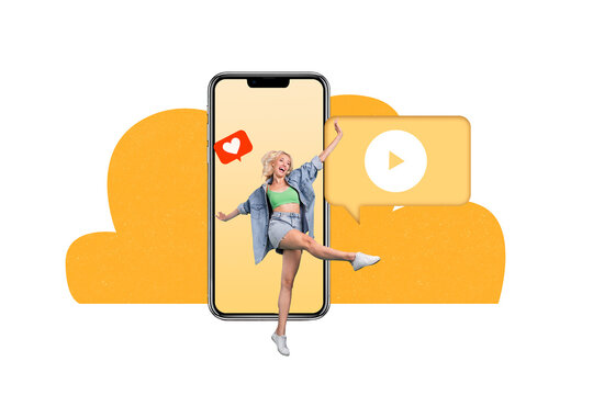 Creative collage photo young cheerful woman smartphone screen digital device blogger youtube media player smm targetologist