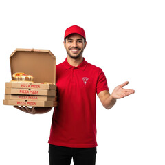 Friendly delivery person holding multiple pizzas excitedly presenting food order transparent background