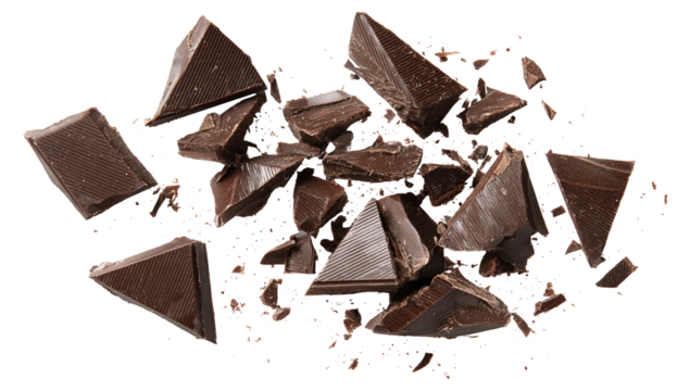 Broken dark chocolate pieces scattered (1)