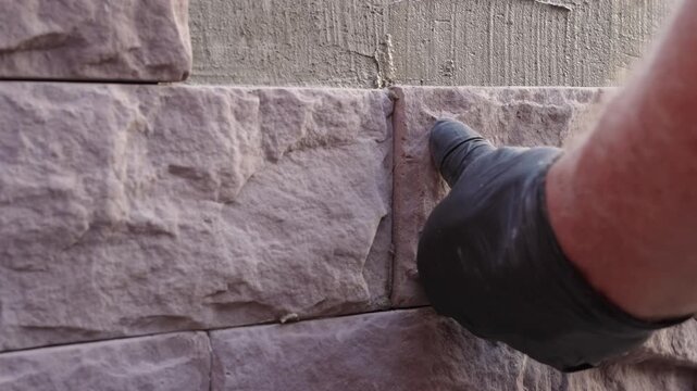 Close-up of masonry work as a construction worker presses decorative stone onto a wall with fresh mortar. Hands in protective gloves installing cladding during facade renovation and exterior repair.