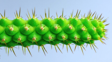 Fototapeta premium Macro detail of a green segmented plant with sharp spiky protrusions against blue