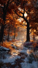 Tranquil transition: the season's first snow in a golden forest. Adventure poster. Rustic autumn woods blanketed by snow's first touch. Film poster. Epic poster.