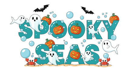 Spooky Seas Illustration: A vibrant illustration that captures the essence of a Halloween seaside scene, featuring playful ghosts, jack-o'-lanterns, and other holiday elements.