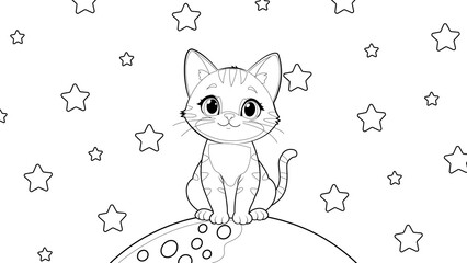 A cute kitty sitting on the moon in the starry sky print. Cat coloring page for kids. Cat vector illustration