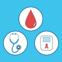 Healthcare icons blood drop stethoscope glucose meter medical health awareness symbols