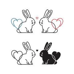 Two adorable bunny couples sharing sweet hearts on valentine's day.