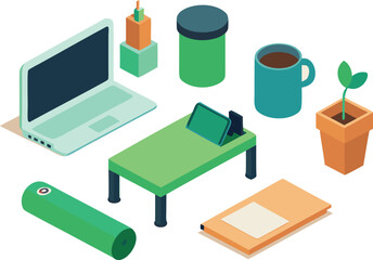 Isometric office supplies and green elements vector illustration scalable eps icon