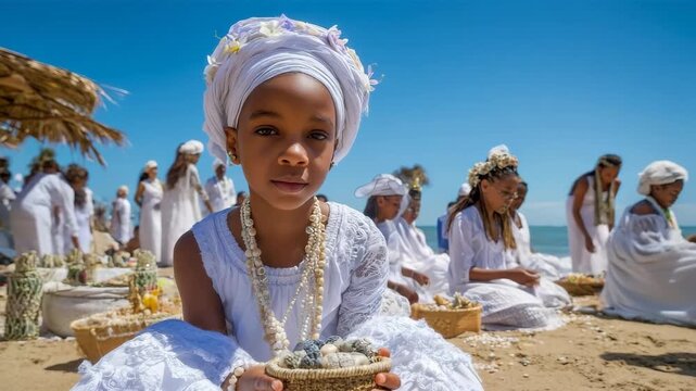 A young girl in white participates in a Candombl&eacute; ceremony on the beach.