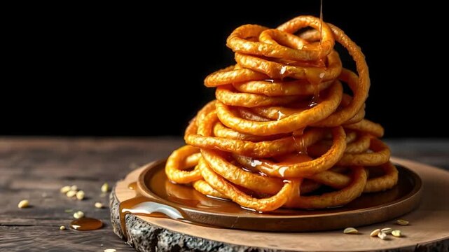 Golden jalebi rings drenched in sugar syrup showcase the essence of traditional Indian desserts. Experience the mouthwatering charm of this crispy, sweet indulgence.