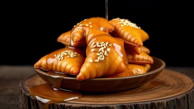 Golden fried pastries glisten under a drizzle of sweet syrup, topped with crunchy sesame seeds. This delectable dessert captures the essence of crispy texture and sugary indulgence.