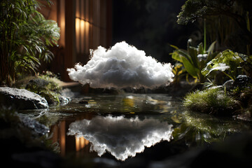 fluffy glowing cloud floating above tranquil pond creating a serene peaceful wellness inspired atmosphere design