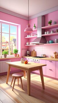 A charming pink kitchen with wooden accents