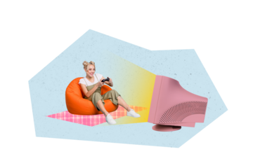 Creative collage picture young woman sit home computer monitor play game controller joystick virtual reality display drawing background